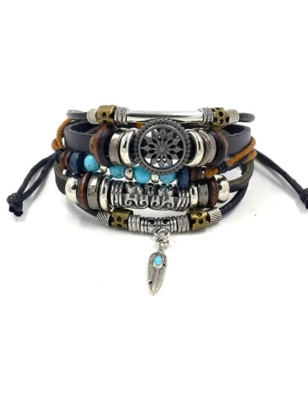 Leather Bracelet Cuff Bangle Layered Boho Turquoise Beads Feather Trendy Stylish